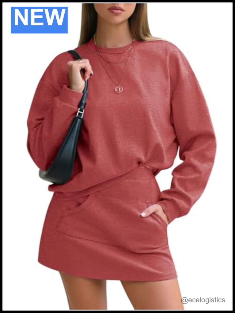 Women 2 Piece Skirt Set Cotton Lounge Travel Outfit Long Sleeve Crewneck Skort